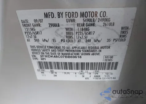 2007 Ford Edge Sel из США, поврежденный, VIN 2FMDK48C07BB69618